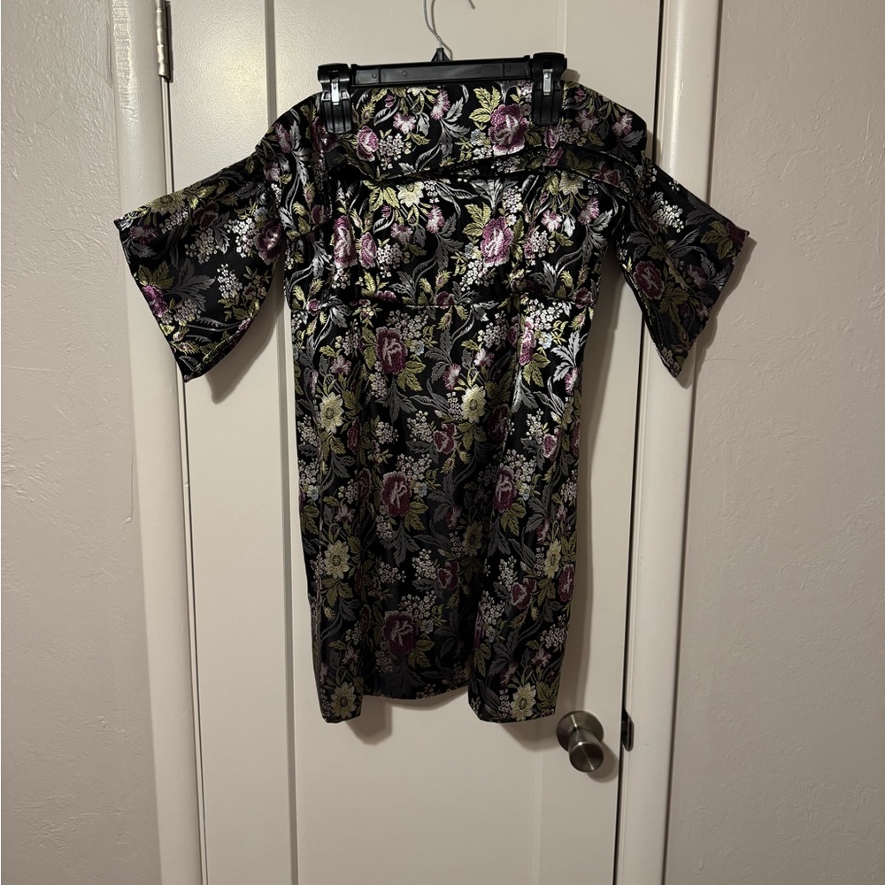 Black Metallic Floral Jacquard Off the Shoulder Mini Dress